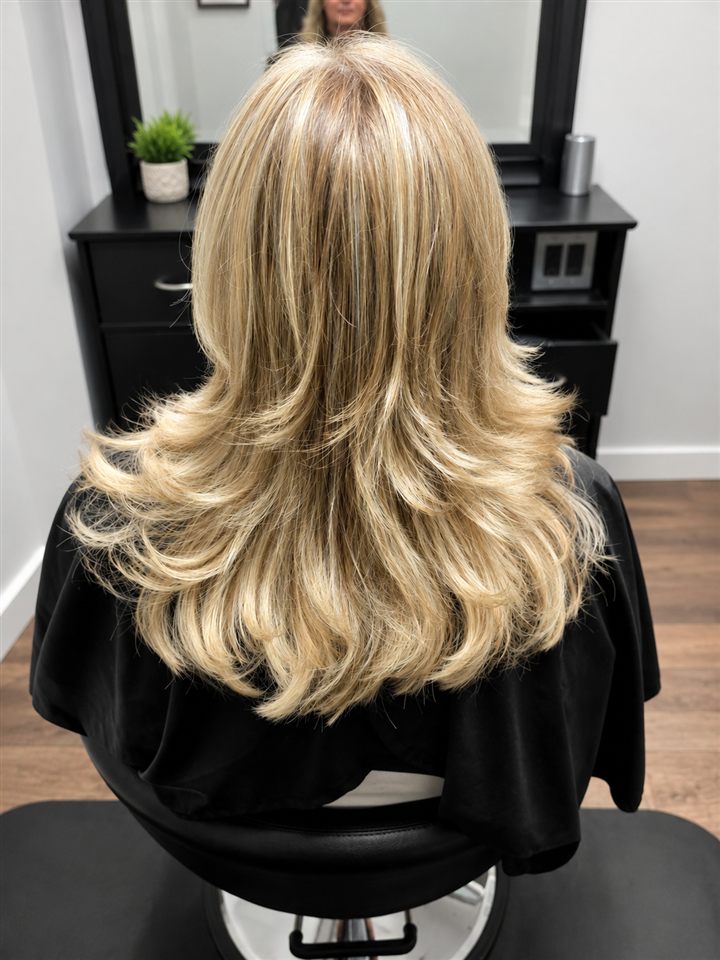 Blonde layered haircut with lifted ends and soft volume