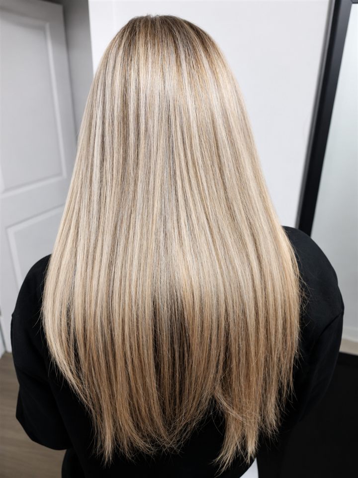 Long blonde hair with bright highlights and a smooth finish
