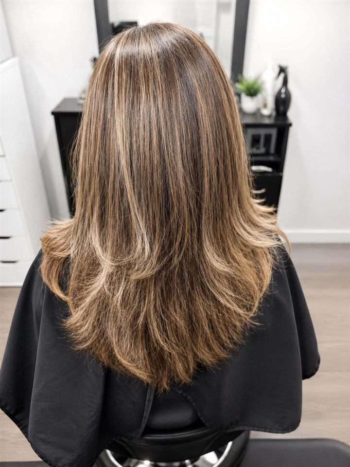 Dimensional brunette and blonde colour with layered ends