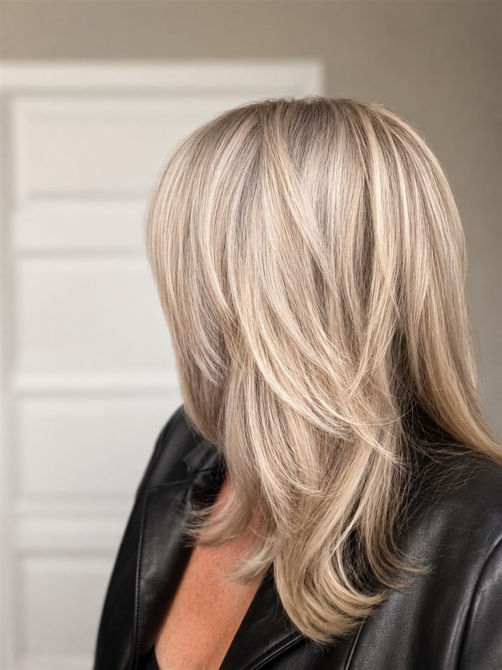 Light blonde layered cut with side-swept movement