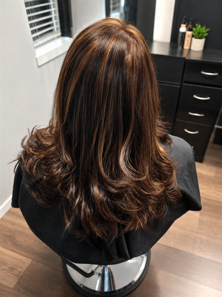 Warm brunette hair with copper highlights and soft curled layers